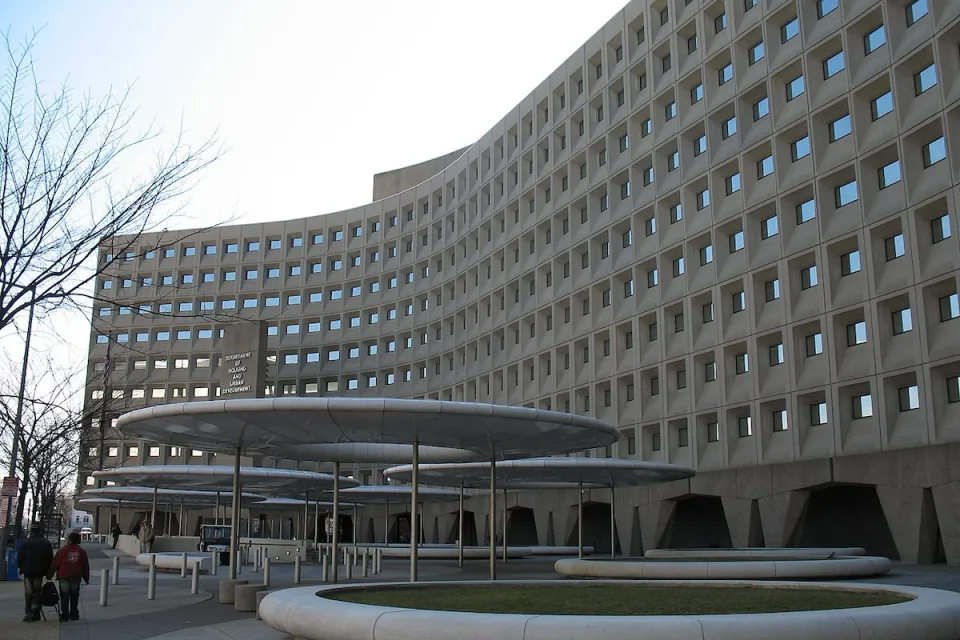 Brutalist grey department of housing and urban development building in Washington DC.